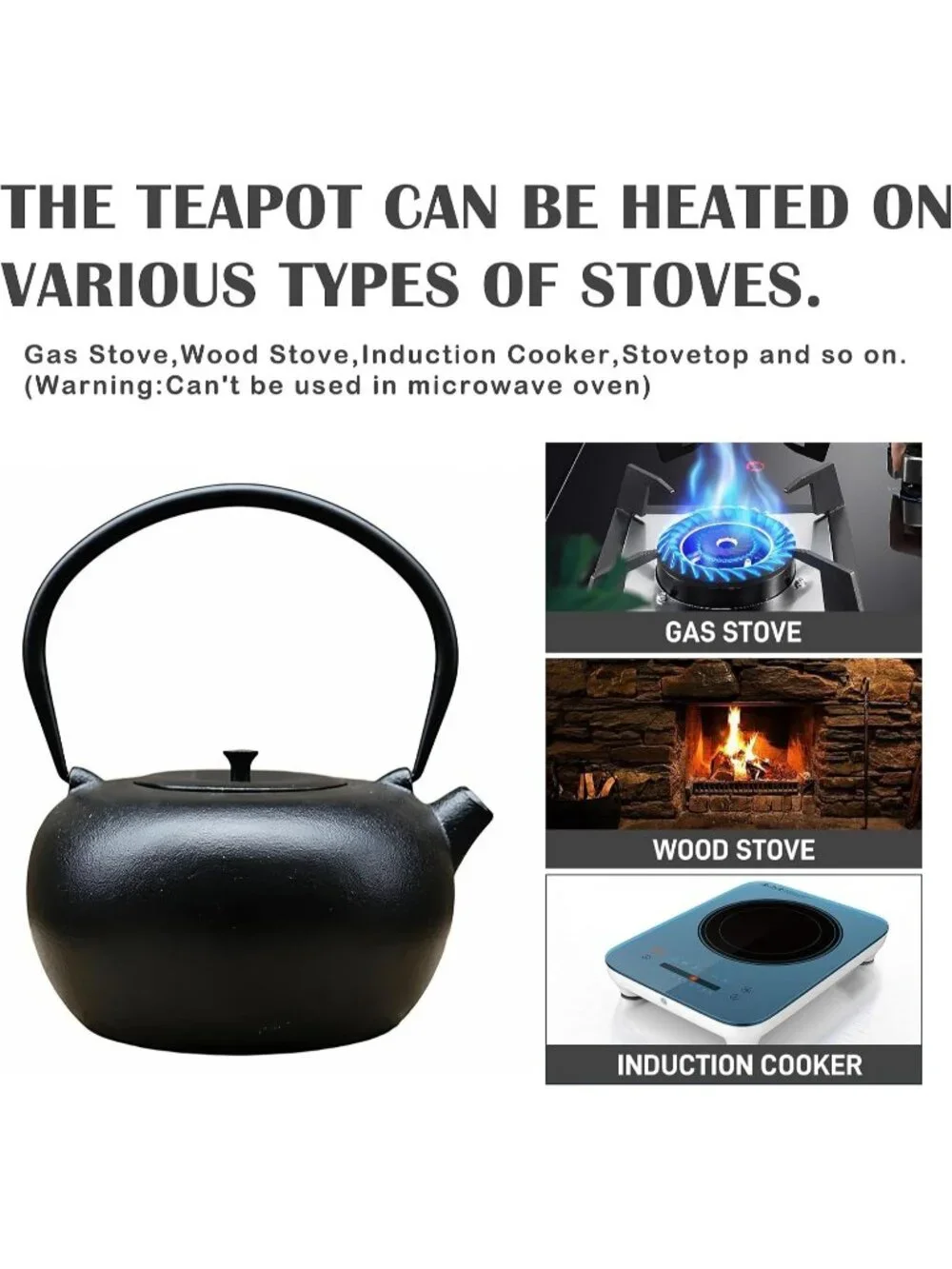 Black Cast Iron Kitchen Chinese Teapot 67.6oz 2000 ml Stovetop Induction Infuser